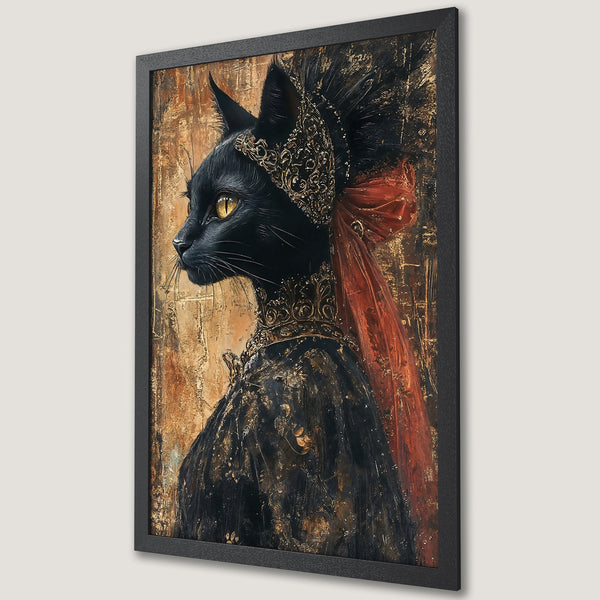 Framed Poster featuring a regal black cat in ornate attire. Artistic style with a warm, earthy color palette of black, gold, and red.