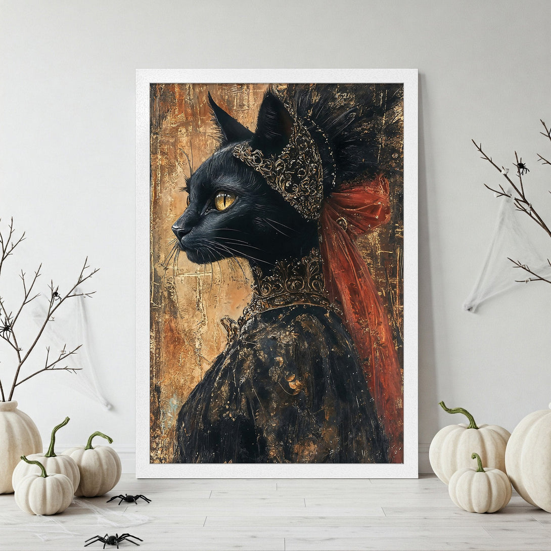 Framed Poster featuring a regal black cat portrait with gold accents, rich black, gold, and red color palette, perfect for Halloween decor.