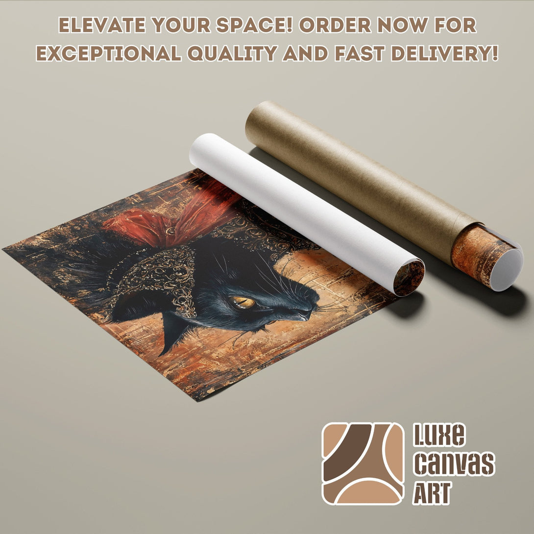 Poster Roll featuring a black cat artwork, rich gold, black, and brown tones. Order now!