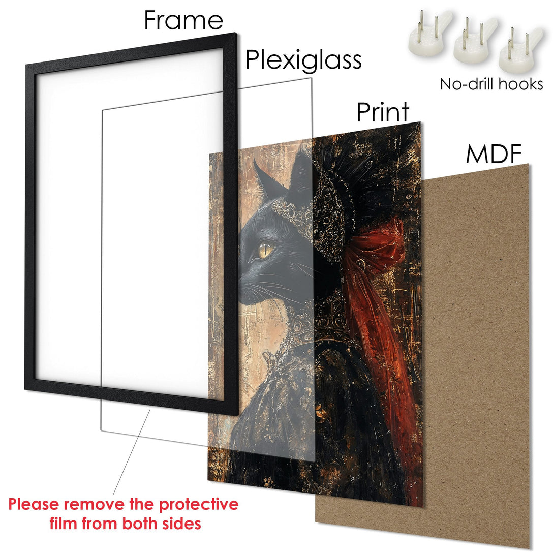 Framed Poster featuring a regal black cat in a dark, artistic style with a gold and red color palette. Perfect wall art!