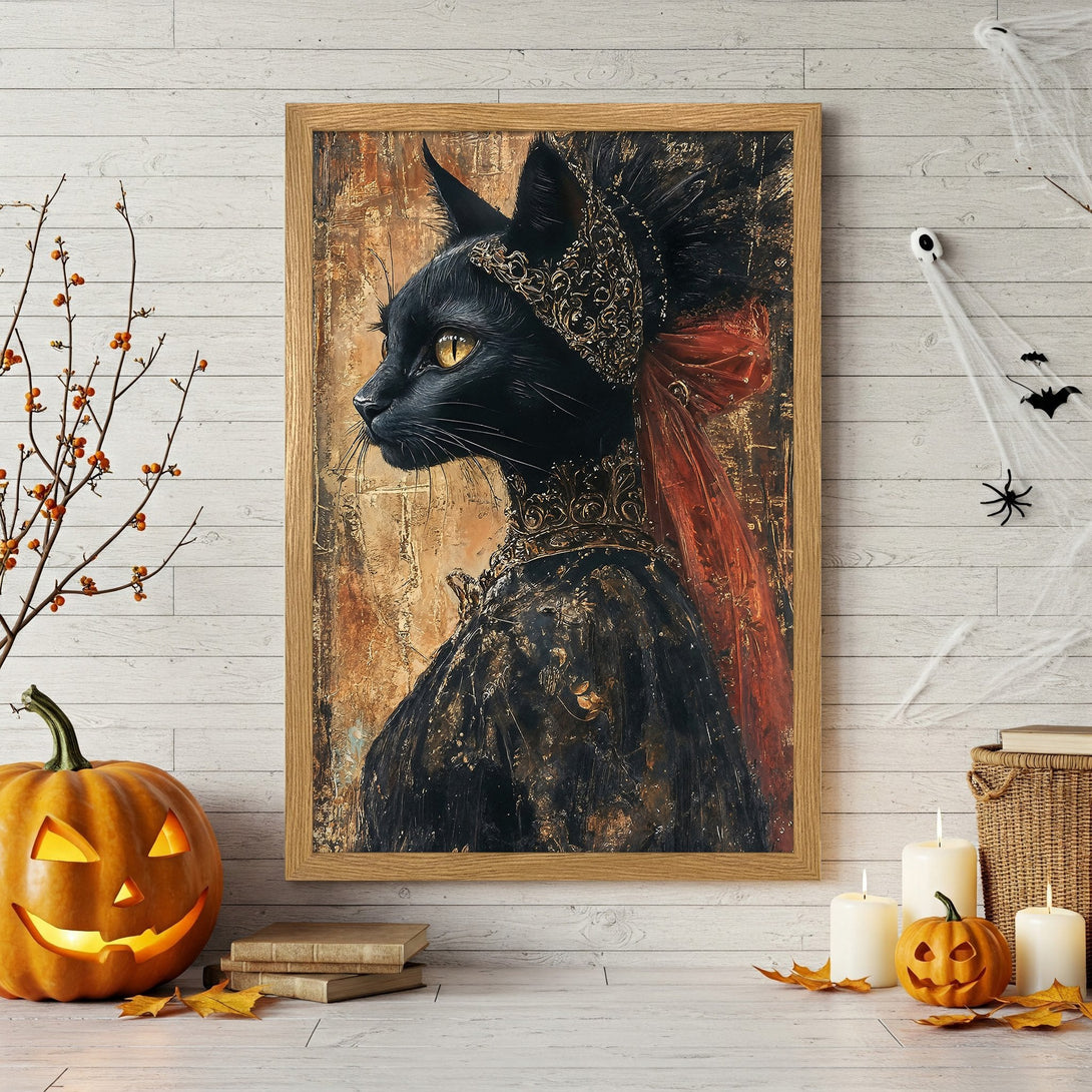 Framed Poster of regal black cat art in gold, black, and red. Perfect Halloween decor!