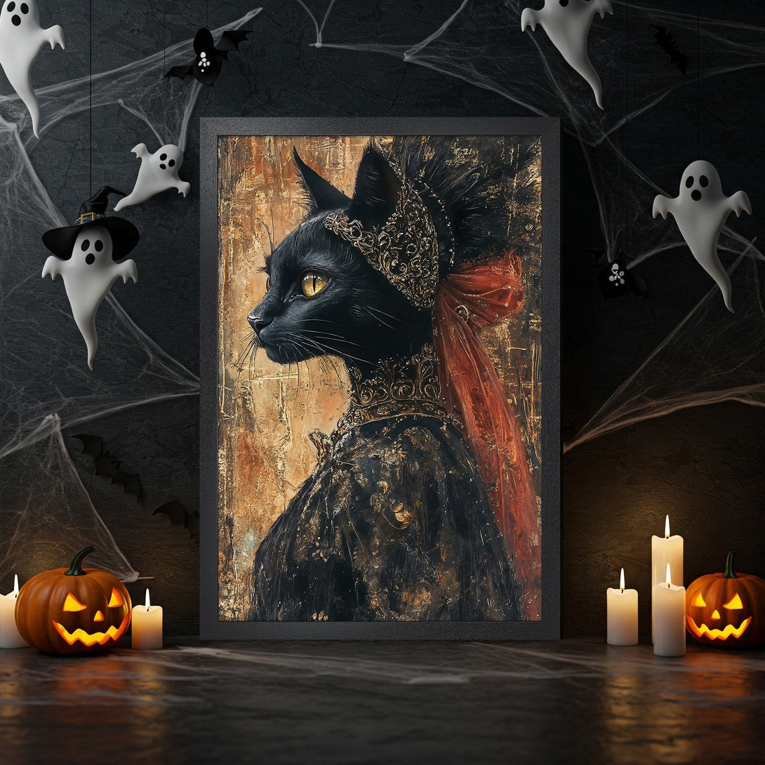 Framed Poster featuring a regal black cat portrait in a Halloween setting. Rich gold, black, and red color palette. Perfect spooky decor!