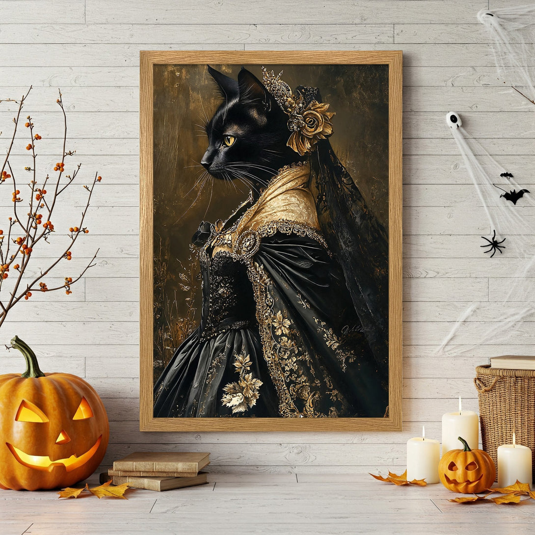 Framed Poster featuring a regal black cat in a gothic style, with a black and gold color palette, perfect for Halloween decor.