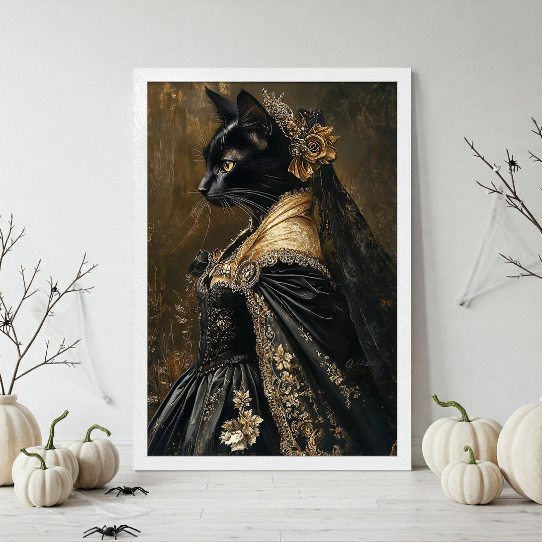 Framed Poster featuring a regal black cat in an elegant gown, with a gold and black color palette, perfect for Halloween decor.