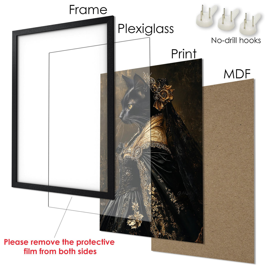 Framed Poster featuring a regal black cat in a dark, gold-toned style. Perfect wall art for a touch of elegance.