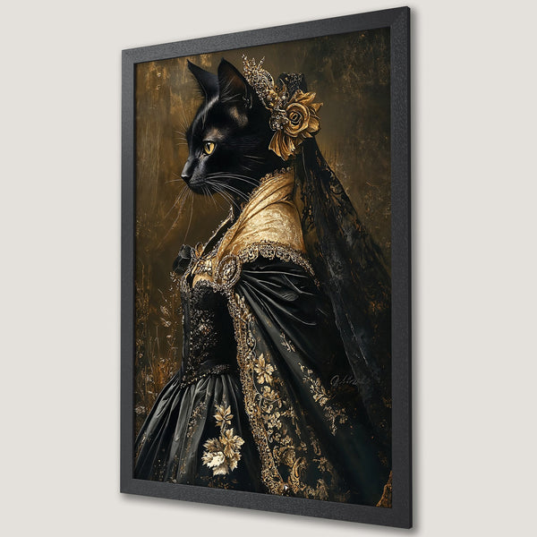 Framed Poster: Regal cat portrait, Renaissance style, black & gold color palette. Add a touch of elegance to your space!