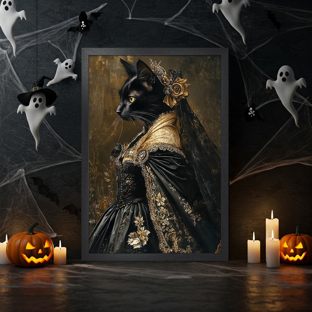 Framed Poster featuring a regal black cat in a gothic style, with a black and gold color palette, perfect for Halloween decor.