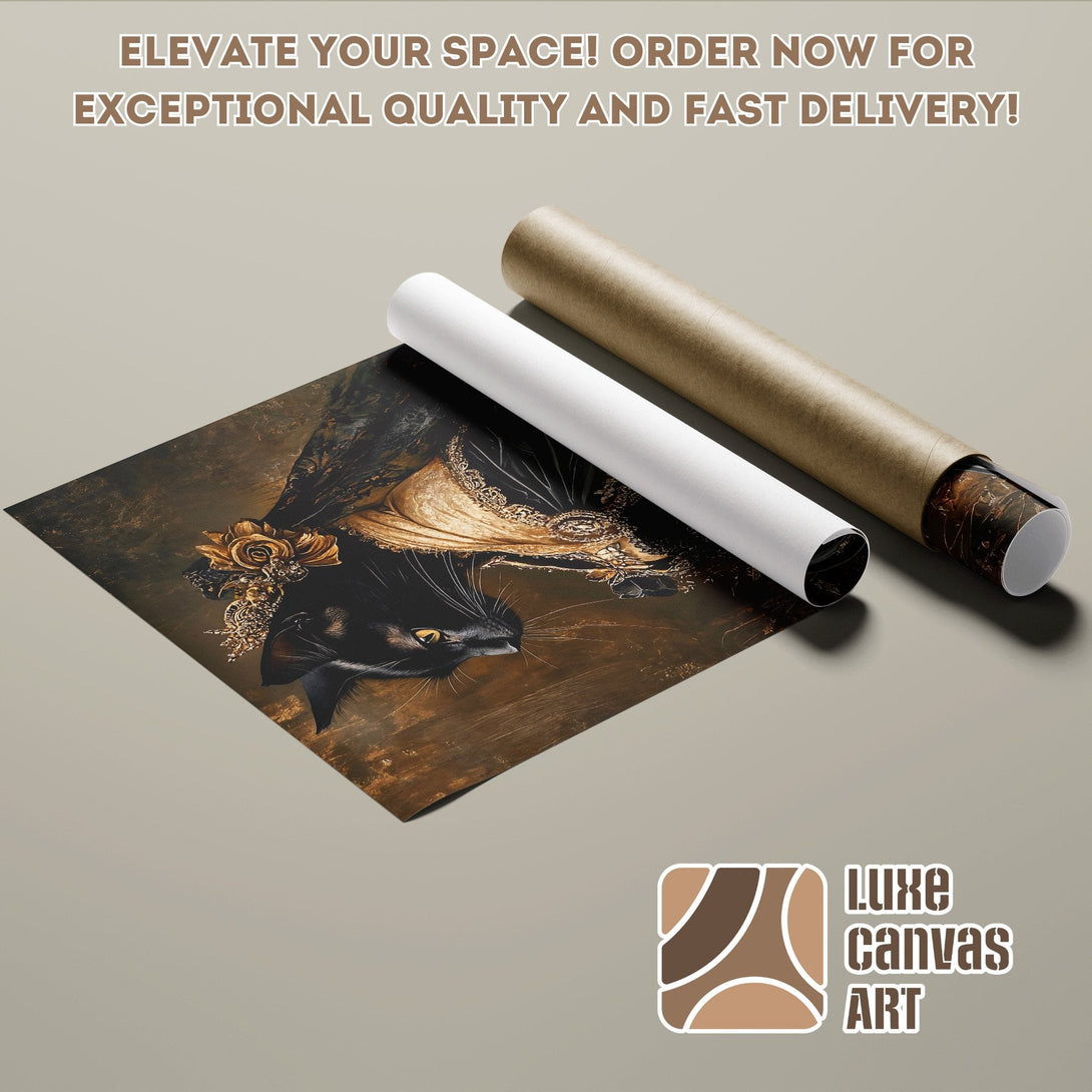 Poster Roll featuring a black cat portrait, vintage style, with a warm, earthy color palette.