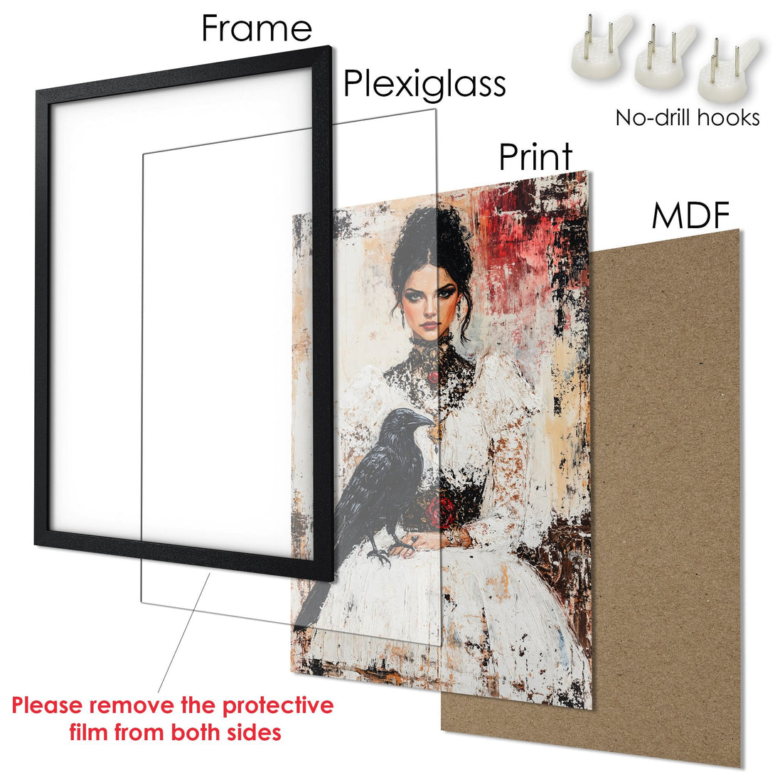 Framed Poster featuring a woman with a raven in an abstract style, with a white, black, and red color palette. Ready to hang!