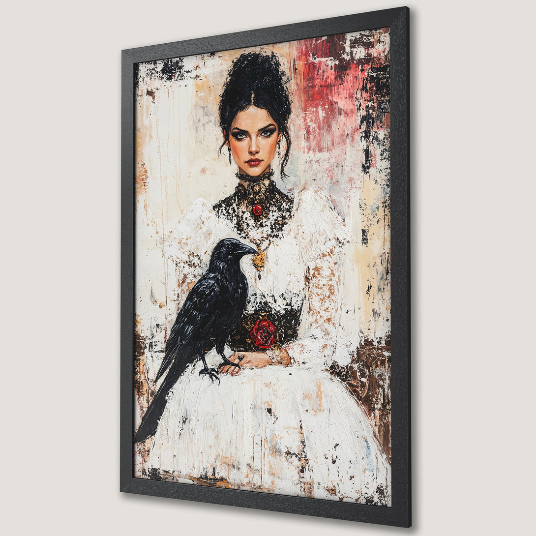 Framed Poster featuring a woman with a raven, in an abstract, textured style with a neutral and red color palette. Perfect wall art!