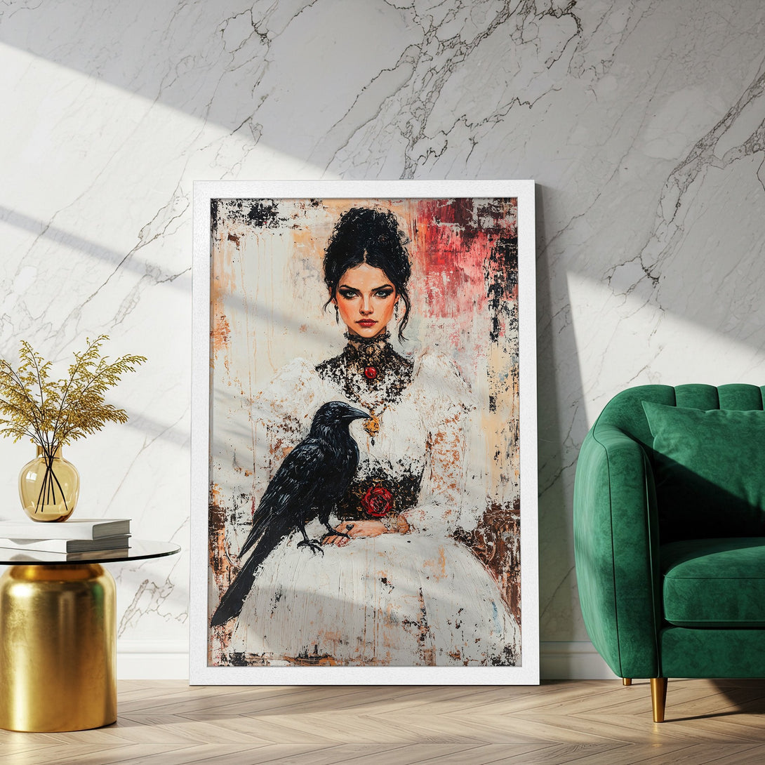 Framed Poster featuring a woman with a raven, in an expressive, textured style. Rich color palette of black, white, and red. Perfect wall art.