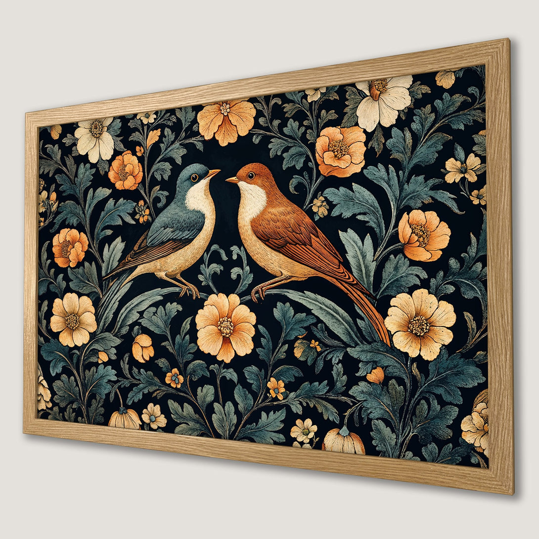 Framed Poster featuring birds and floral design in a vintage style with a dark blue, orange, and green color palette. Perfect wall art!