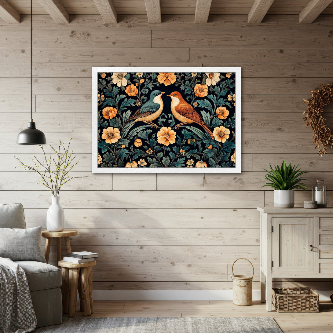 Framed Poster featuring birds & floral design in a vintage style with a dark, orange & teal color palette. Perfect wall art!