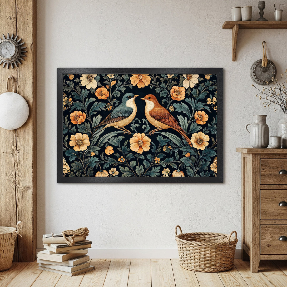 Framed Poster featuring birds and floral design in a vintage style. Dark background with orange, blue, and green color palette.