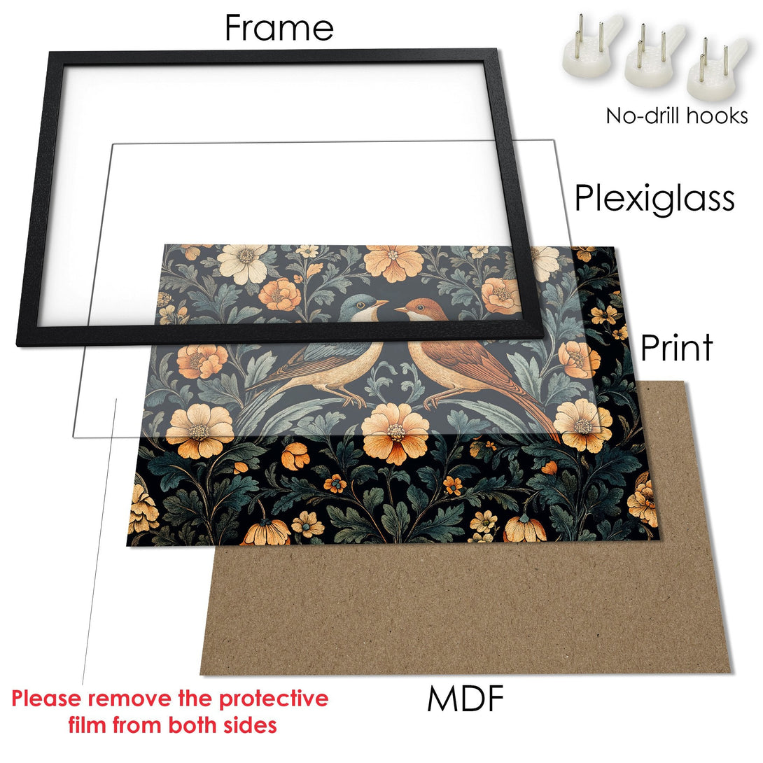 Framed Poster featuring birds and floral design. Vintage style with a black, teal, and orange color palette. Perfect wall art!