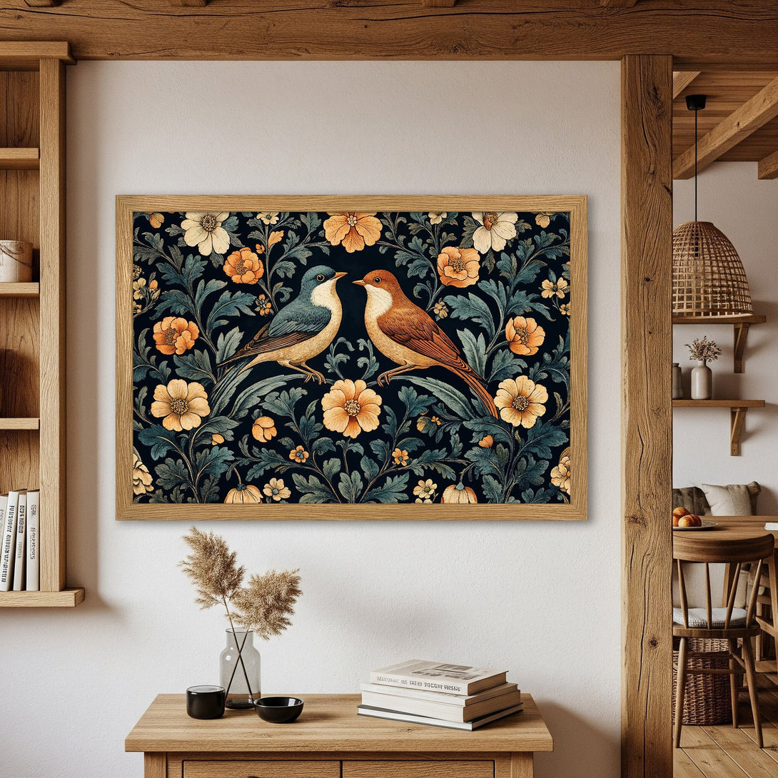 Framed Poster featuring birds & floral design in a vintage style with a dark blue, orange, and green color palette. Perfect wall art!