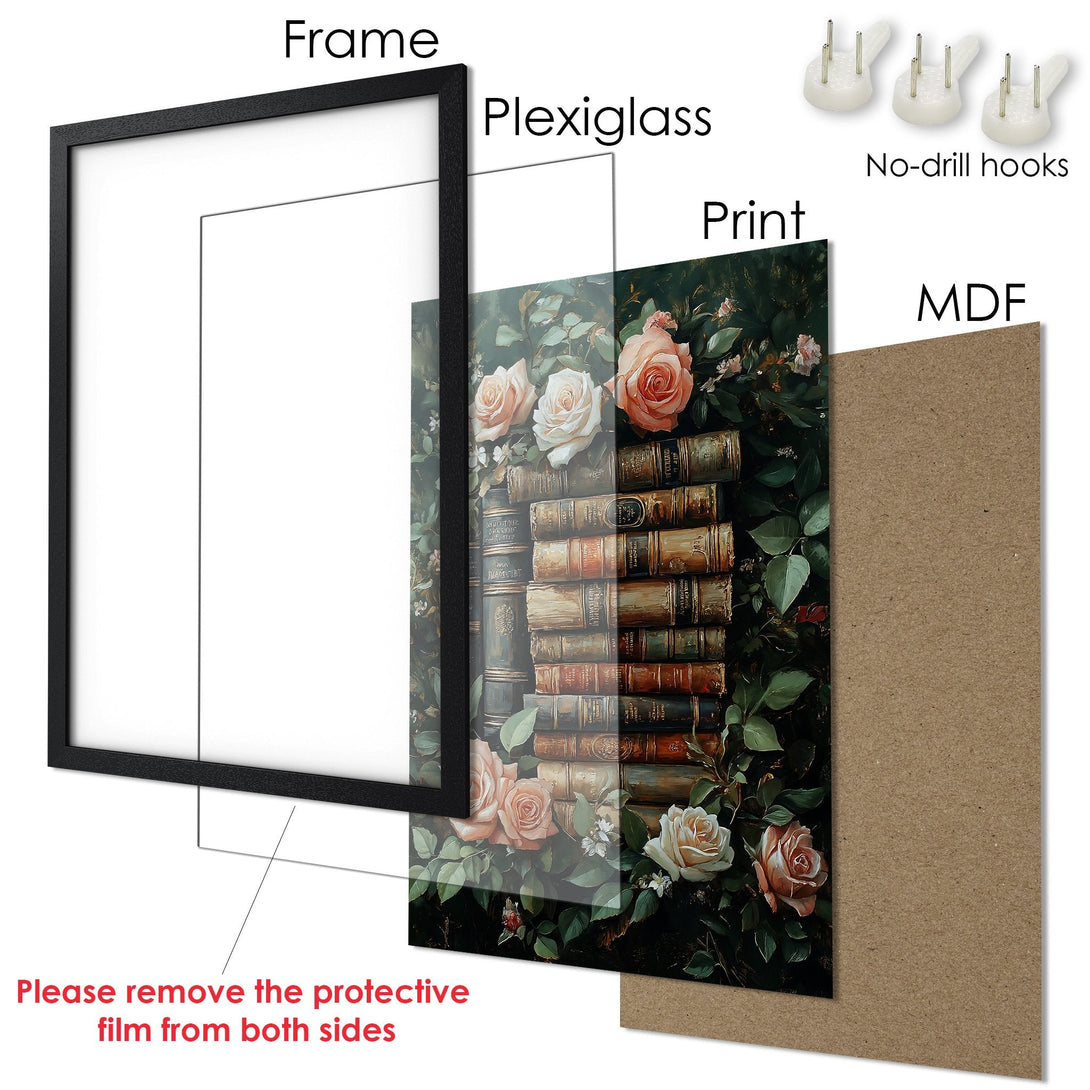Framed Poster featuring roses and books, vintage style, with a dark green and peach color palette. Perfect wall art!
