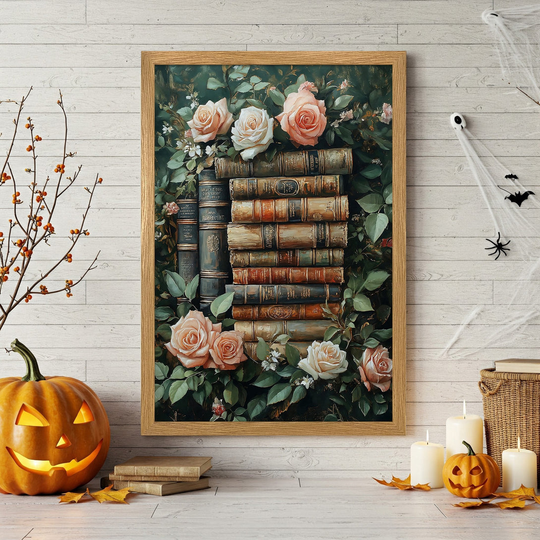 Framed Poster featuring vintage books and roses in a dark green and peach palette. Perfect for adding a touch of elegance to your home this Halloween.