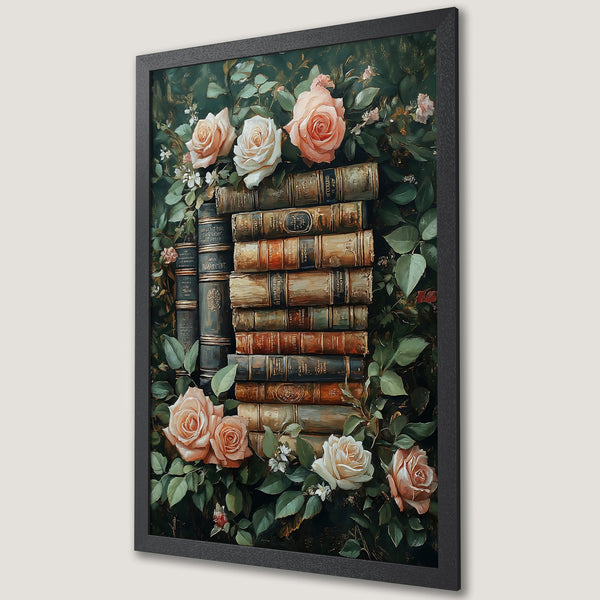Framed Poster featuring vintage books and roses, in a romantic, botanical style with a warm, earthy color palette.