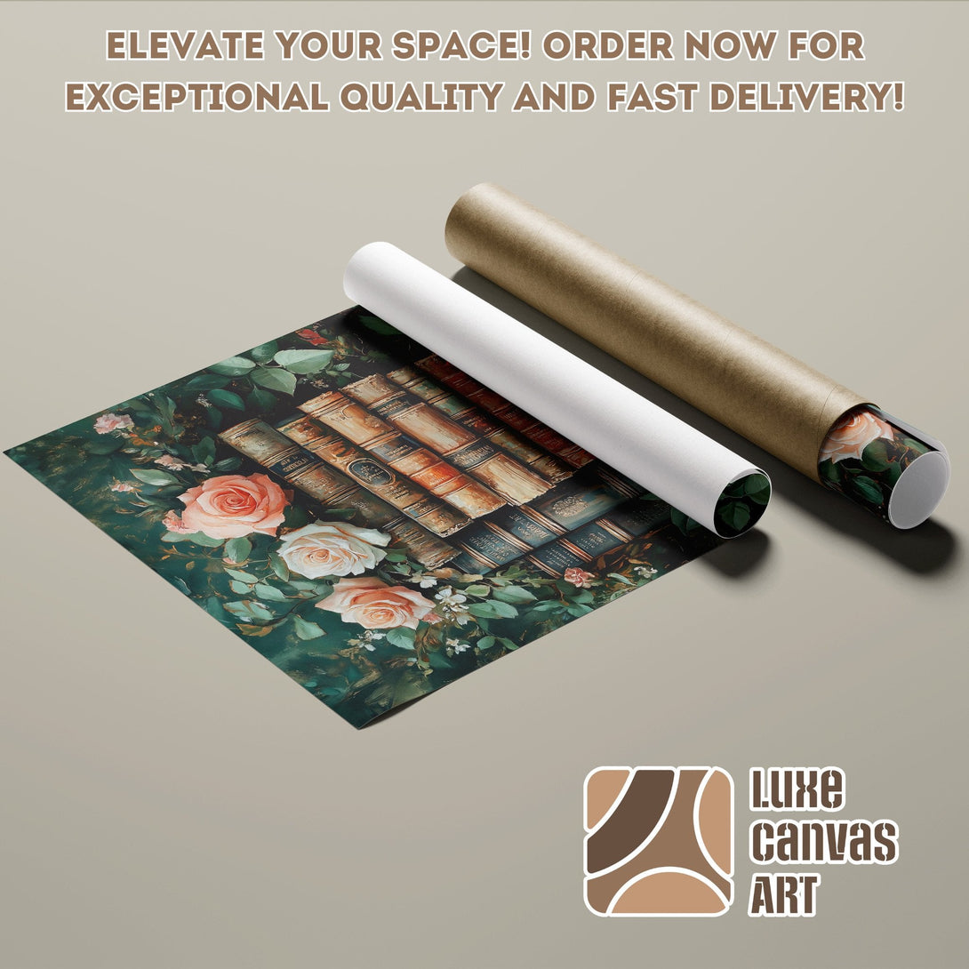 Poster Roll featuring vintage books and roses, perfect for adding elegance to your space. Order now!