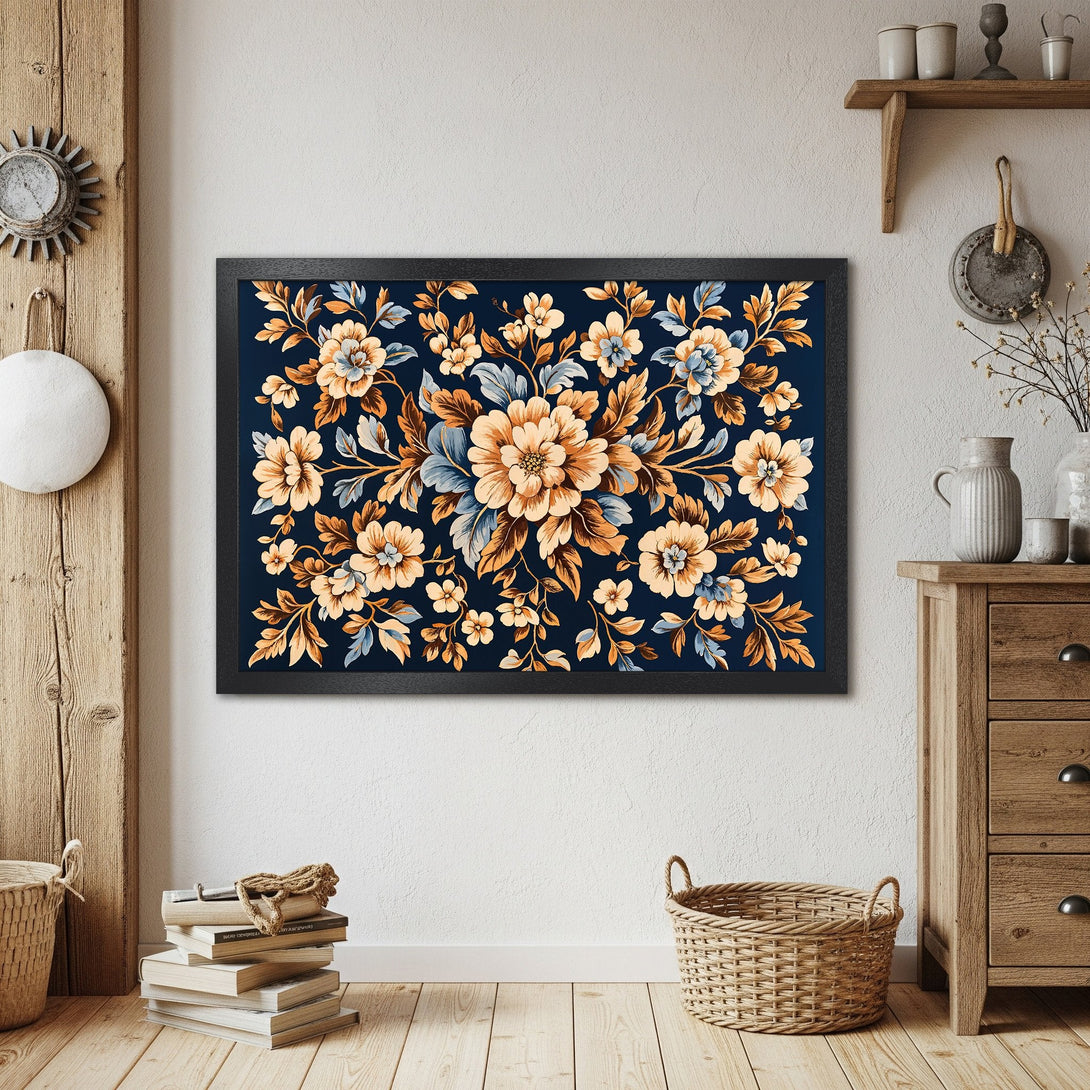 Framed Poster featuring floral design in warm tones on a navy background. Perfect wall art for a cozy home decor style.