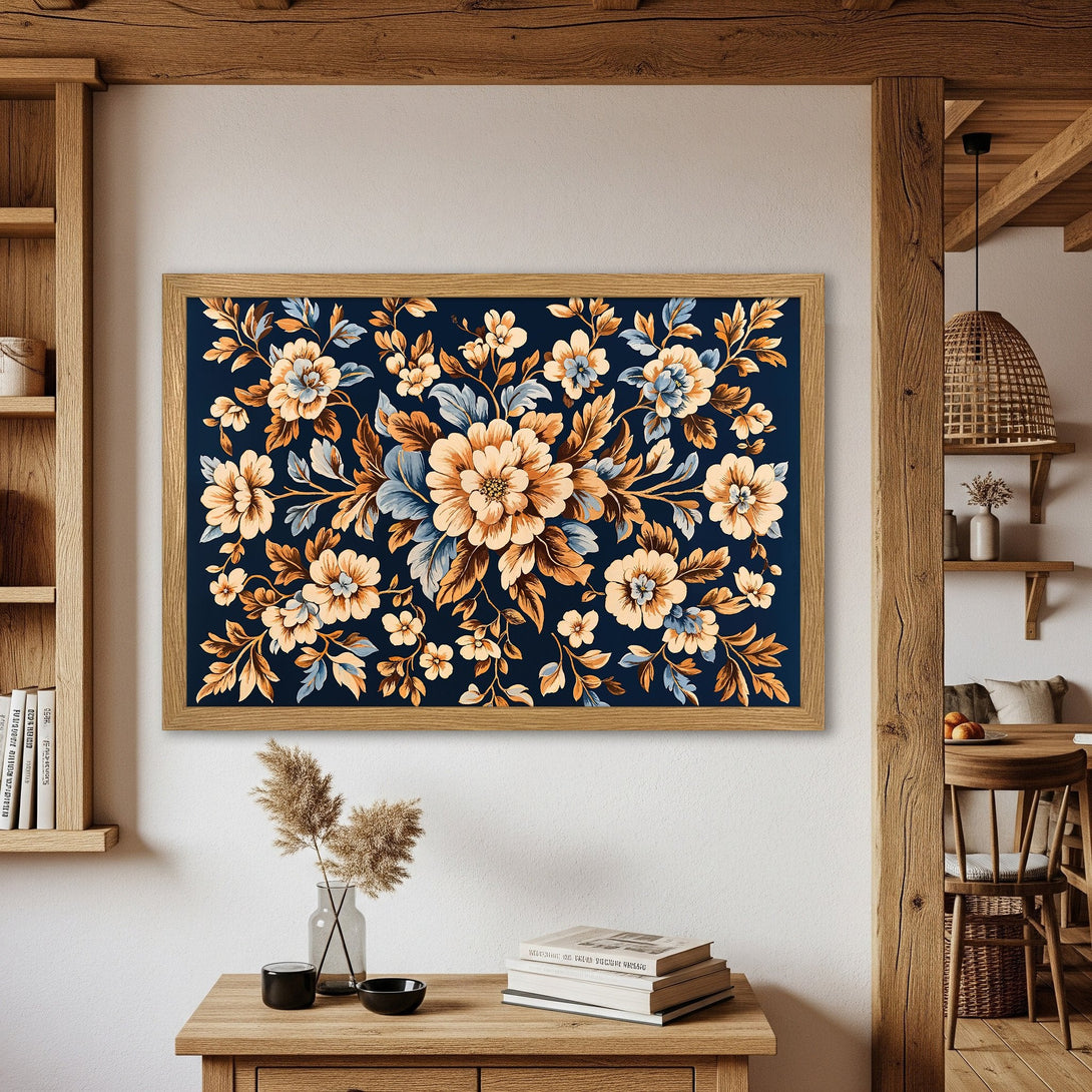 Framed Poster featuring a floral design in a vintage style. The color palette includes navy, beige, and brown tones. Perfect wall art!