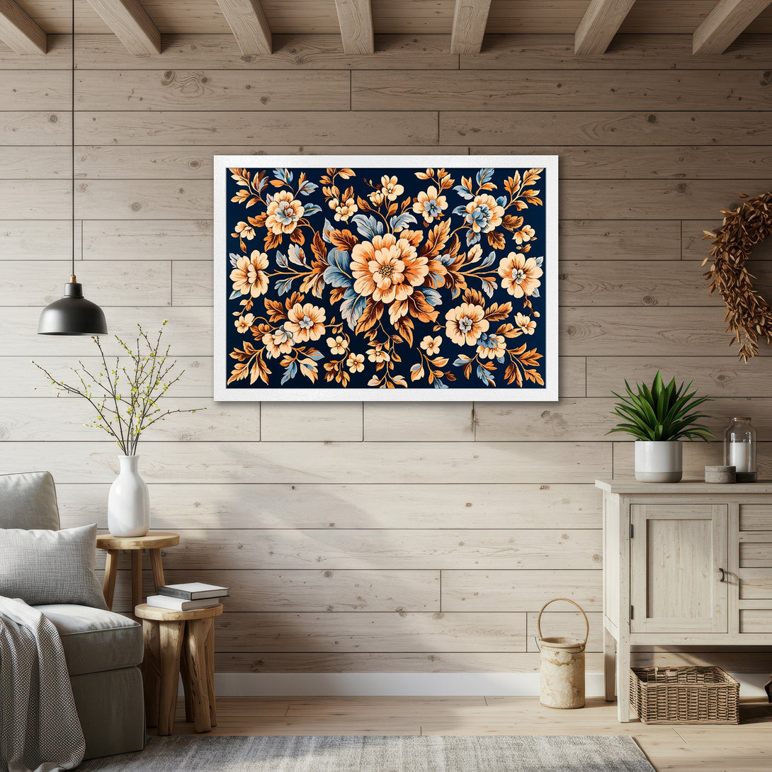 Framed Poster featuring a floral design in warm orange, blue, and navy hues. Perfect wall art to elevate your home decor!