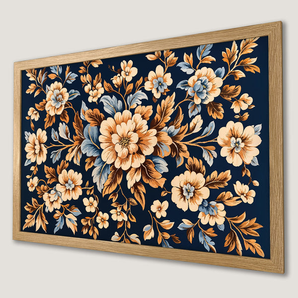 Framed Poster featuring floral design in a vintage style with a navy, beige, and brown color palette. Perfect wall art!