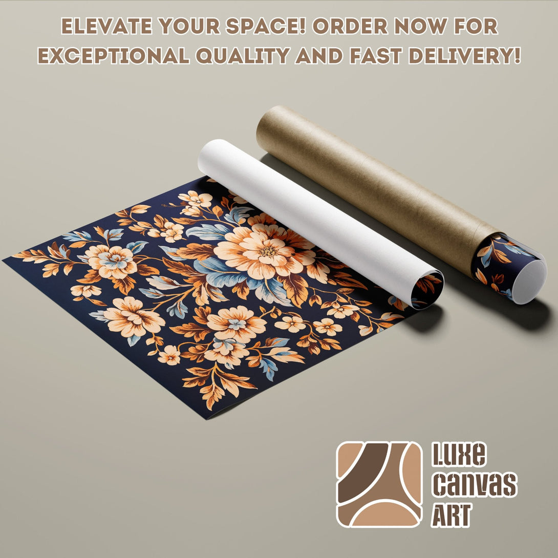 Floral Poster Roll in navy, orange, and blue. Elevate your space with art!