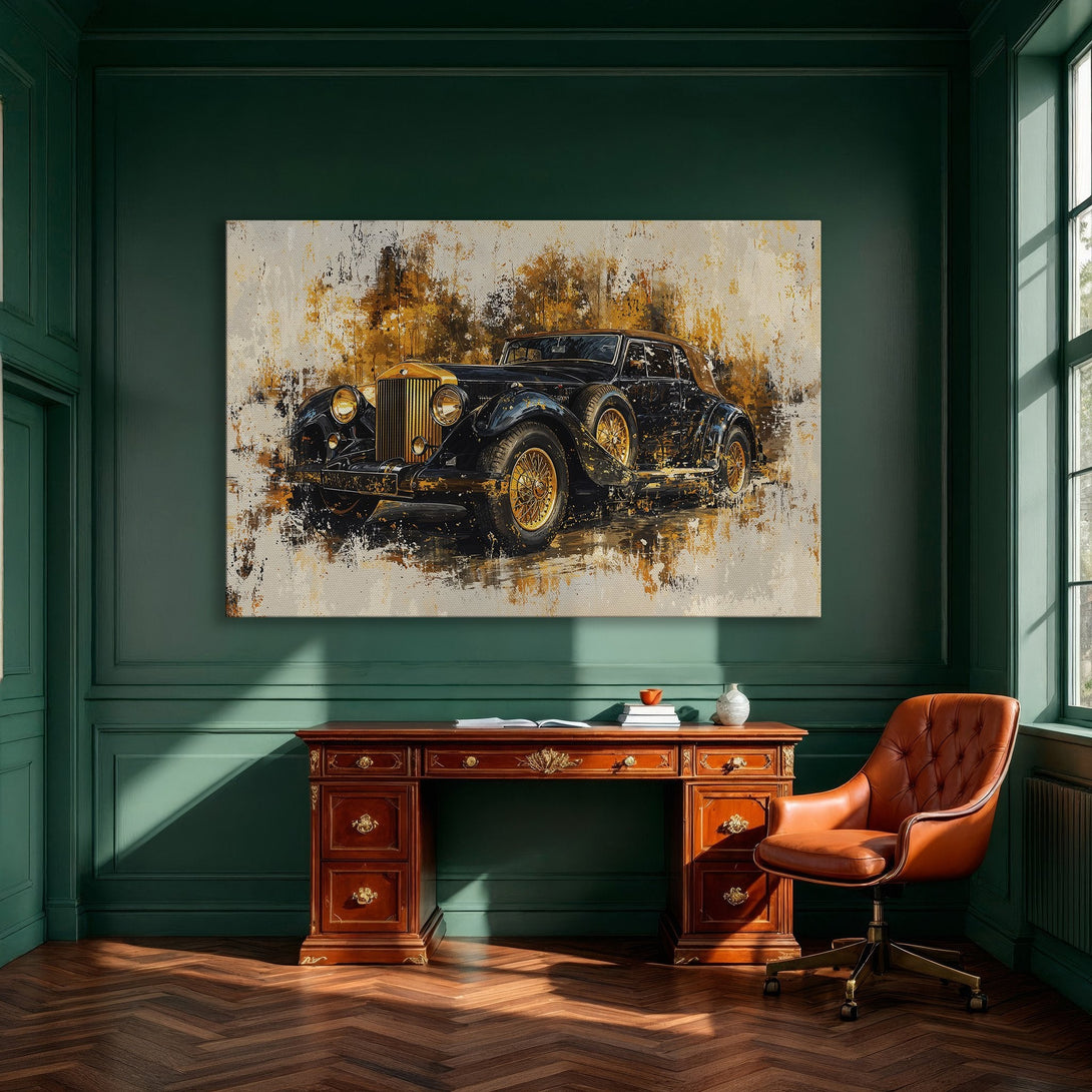 Framed Wall Art: Abstract painting of a vintage car in black and gold. Adds a touch of luxury and style to any interior.