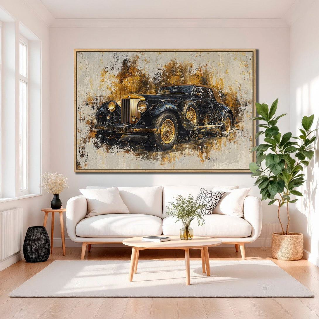 Framed Wall Art of a classic car in an abstract style, featuring a black and gold color palette. Perfect for adding a touch of luxury to your home.