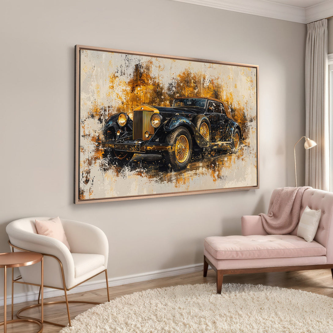 Framed Wall Art: Abstract painting of a classic black car with gold accents. Warm color palette of black, gold, and beige. Perfect for modern decor.