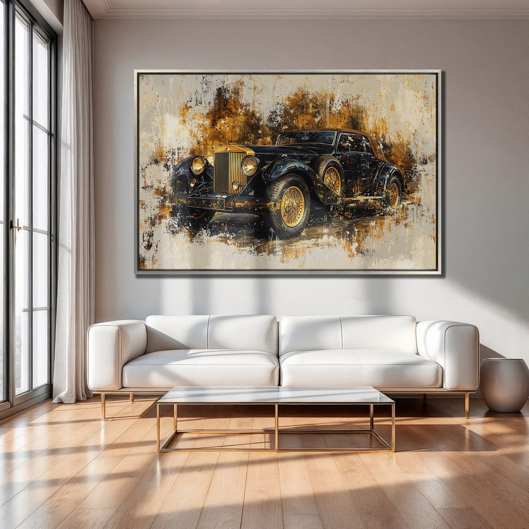 Framed Wall Art: Abstract painting of a vintage car in black and gold. Modern art for home decor, neutral color palette.