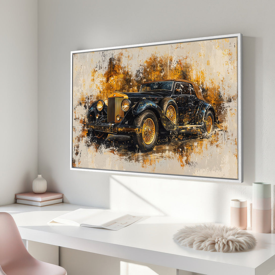 Framed Wall Art featuring a vintage car in an abstract style with a gold, black, and beige color palette. Perfect for adding a touch of luxury.