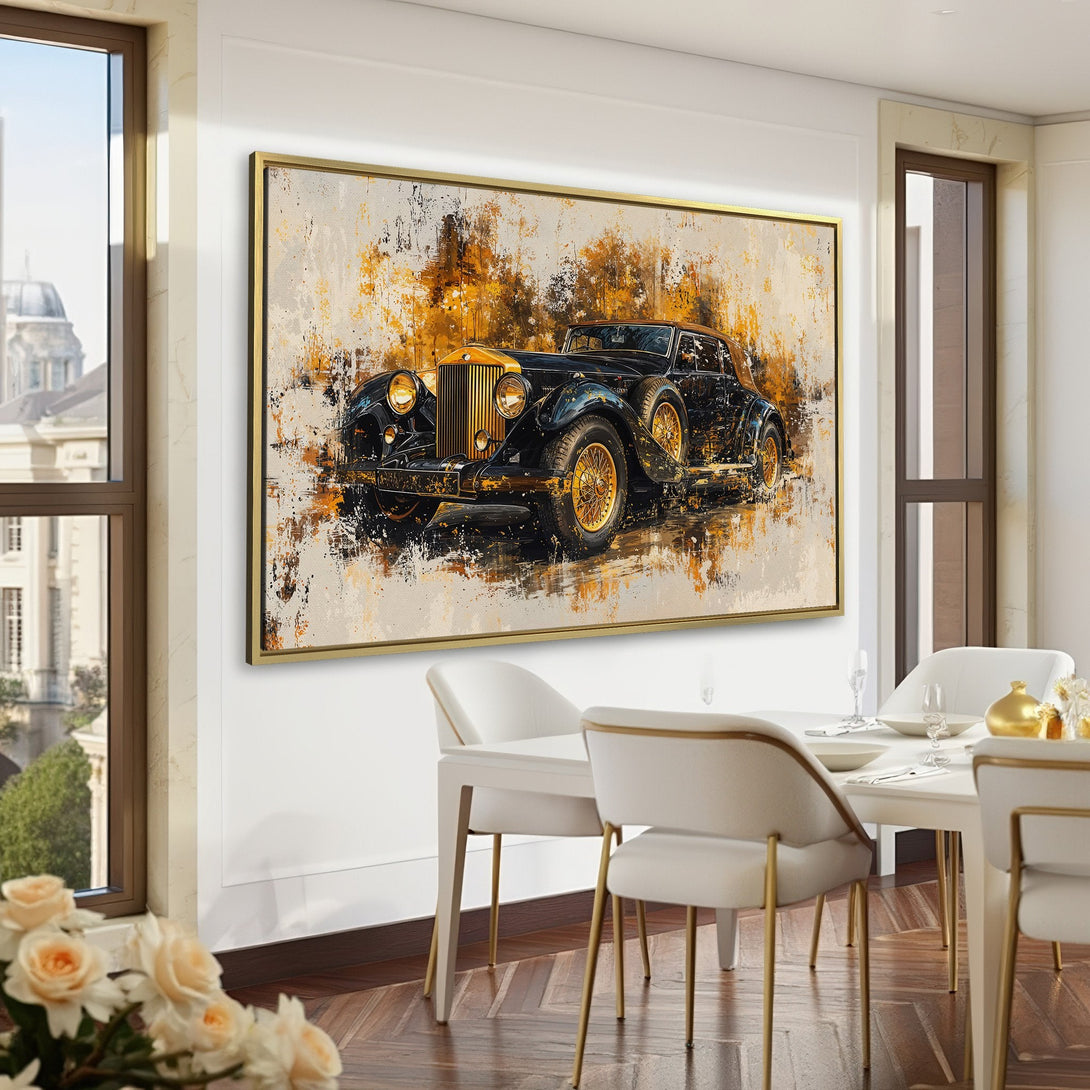 Canvas Print of a vintage car, abstract style, featuring black, gold, and neutral tones. Perfect for adding a touch of classic elegance.