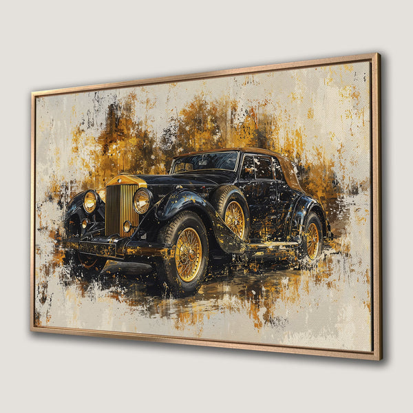 Framed Wall Art: Vintage car art print in black & gold, abstract style. Adds a touch of luxury to any space.  Neutral & warm tones.