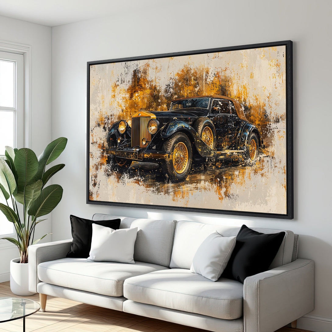 Framed Wall Art: Stunning vintage car art in black & gold. Abstract style Canvas Print adds a touch of elegance to any interior. Shop now!