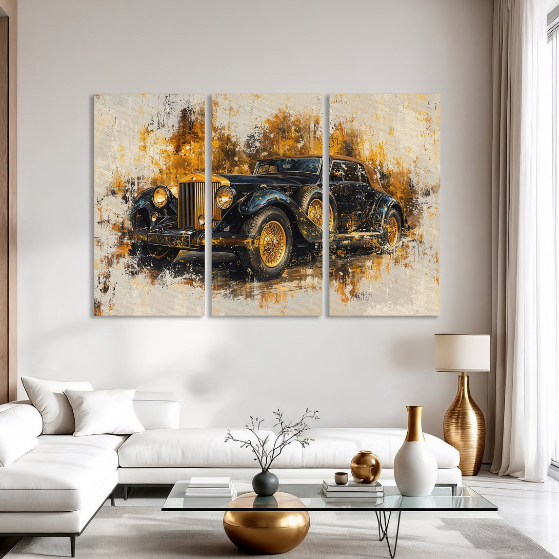 Canvas Print of a vintage black car with gold accents, abstract style, warm gold and black color palette, displayed in a modern interior.