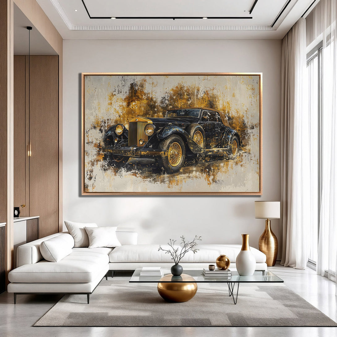Framed Wall Art: Abstract painting of a vintage car in black and gold tones. Perfect for adding a touch of luxury to your living room.