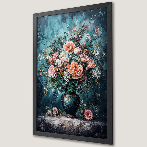 Framed Poster featuring a floral still life in a painterly style with a teal and pink color palette. Add elegance to your space!