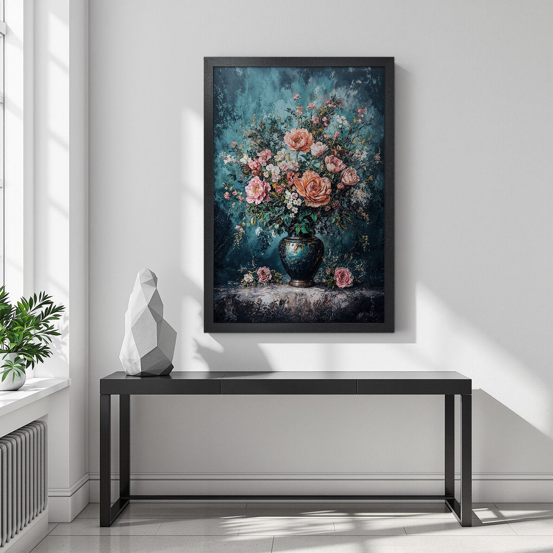Framed Poster featuring a floral still life in a vintage style with a teal and pink color palette. Perfect wall art!