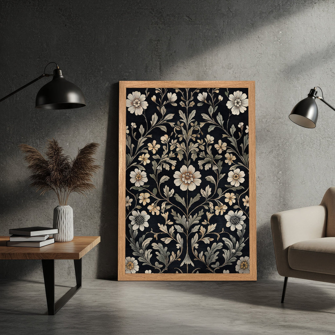 Framed Poster featuring floral design in a vintage style, with a dark blue and neutral color palette, perfect for home decor.