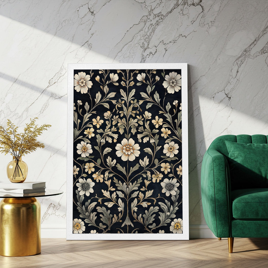Framed Poster featuring a floral pattern in a dark, vintage style with a cream, gold, and green color palette. Perfect wall art!