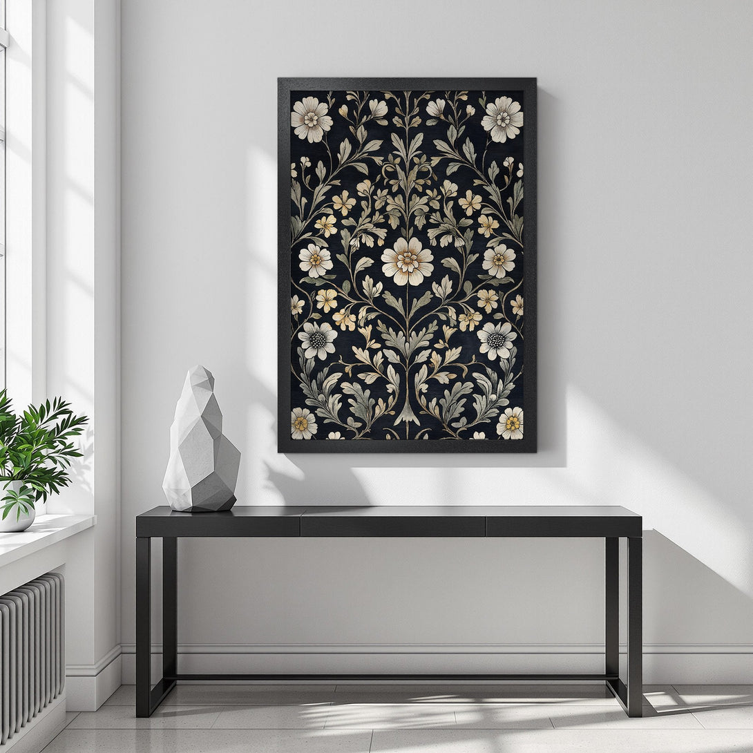 Framed Poster featuring floral design in a dark, elegant color palette. Perfect wall art for any room!