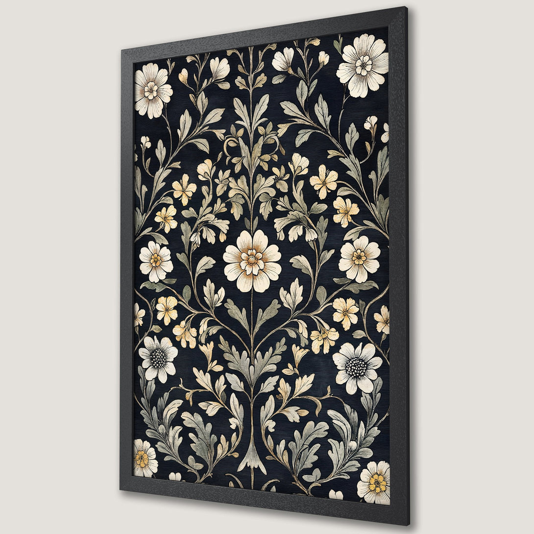 Framed Poster featuring a floral pattern in a vintage style with a dark blue and cream color palette. Perfect wall art!