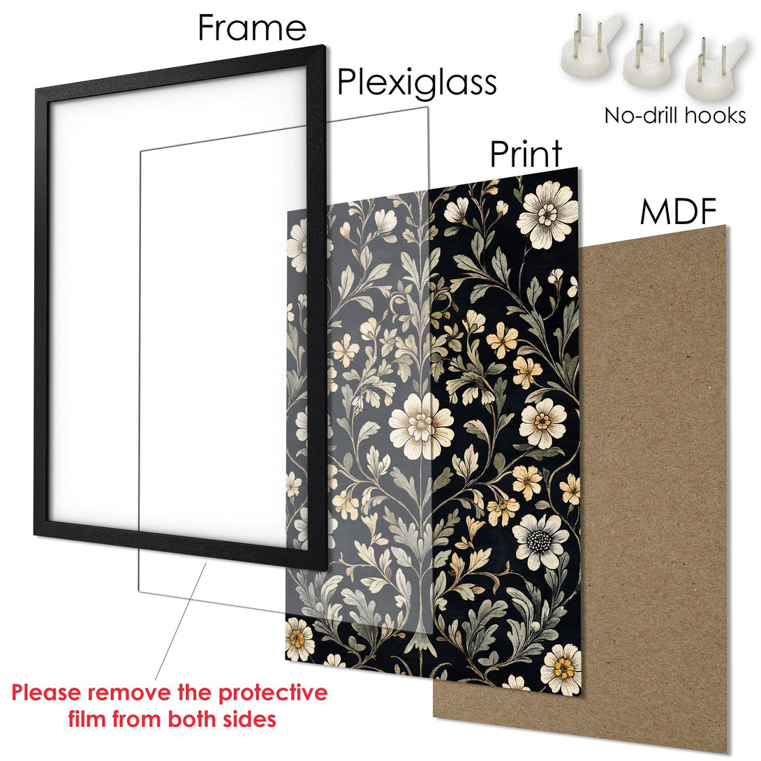 Framed Poster with floral design in black, cream, and gold. Elegant wall art for your home. Ready to hang!