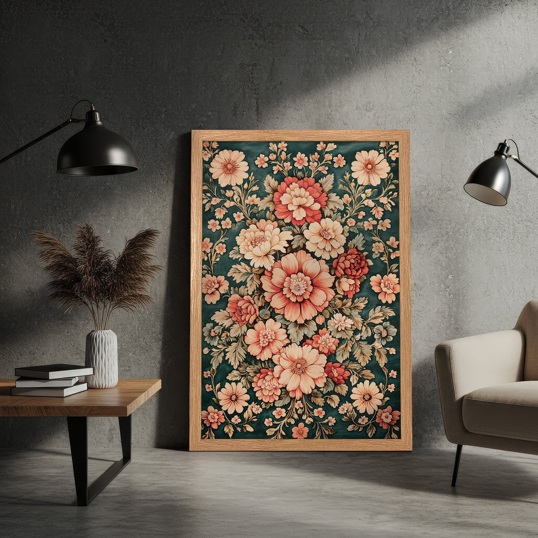 Framed Poster featuring a floral design in a vintage style with a dark green and peach color palette. Perfect wall art for your home!