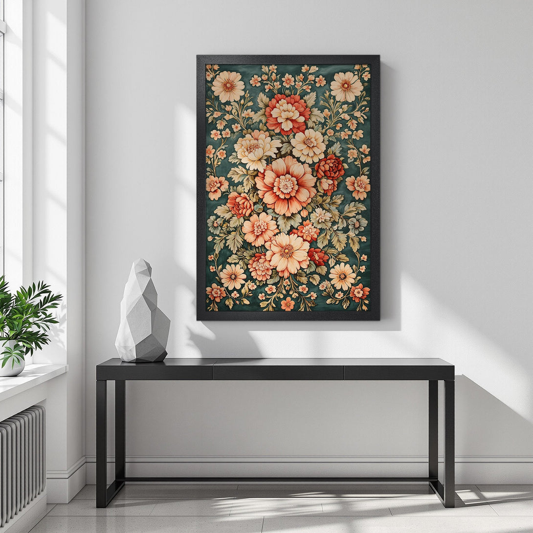 Framed Poster featuring a floral design in a vintage style. Warm peach and cream tones against a dark green background. Perfect wall art!