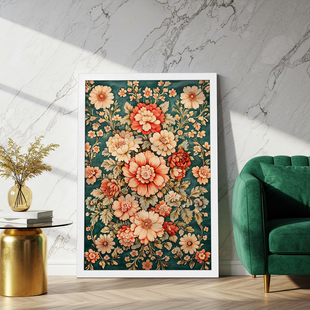 Framed Poster featuring a floral design in a vintage style. Beautiful teal, peach, and cream color palette. Add elegance to your space!