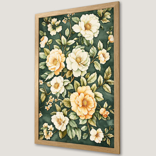 Framed Poster featuring watercolor floral art in a green and yellow palette, perfect for adding a touch of elegance to your home decor.